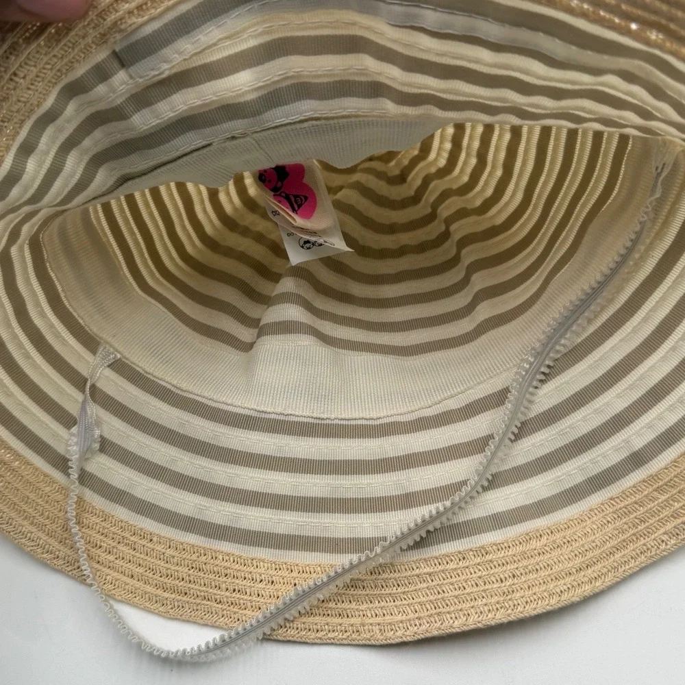 Girls Sun Hat Beige Striped Oversized Bow Character Label 50cm Boutique